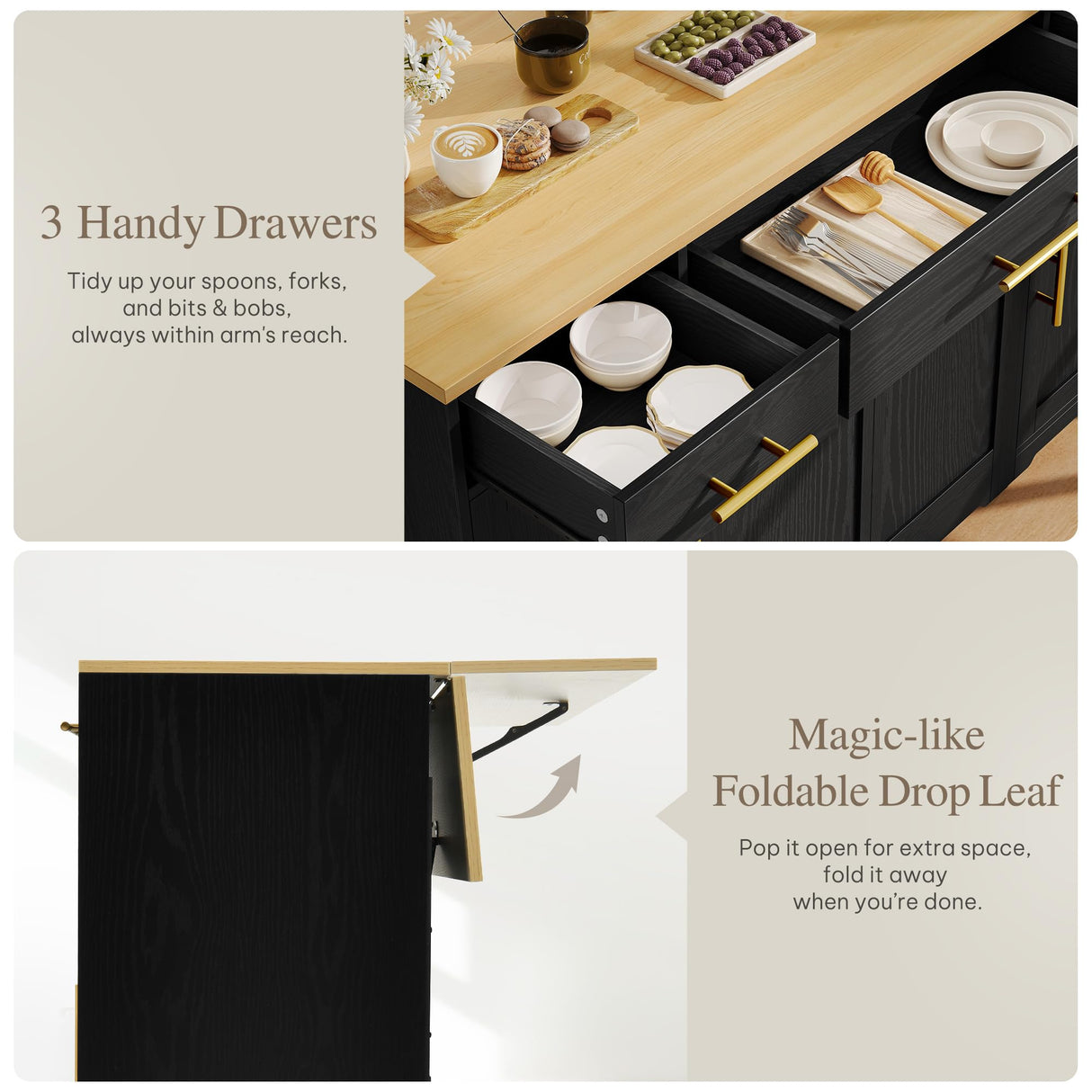 YITAHOME Kitchen Island with Drop Leaf, 55 inch Rolling Kitchen Carts, Modular Pull Out Trash Can Cabinet Fits Double 10-Gallon Garbage Bin, Mobile Island Table with 3 Drawers for Dining Room, Black YITAHOME