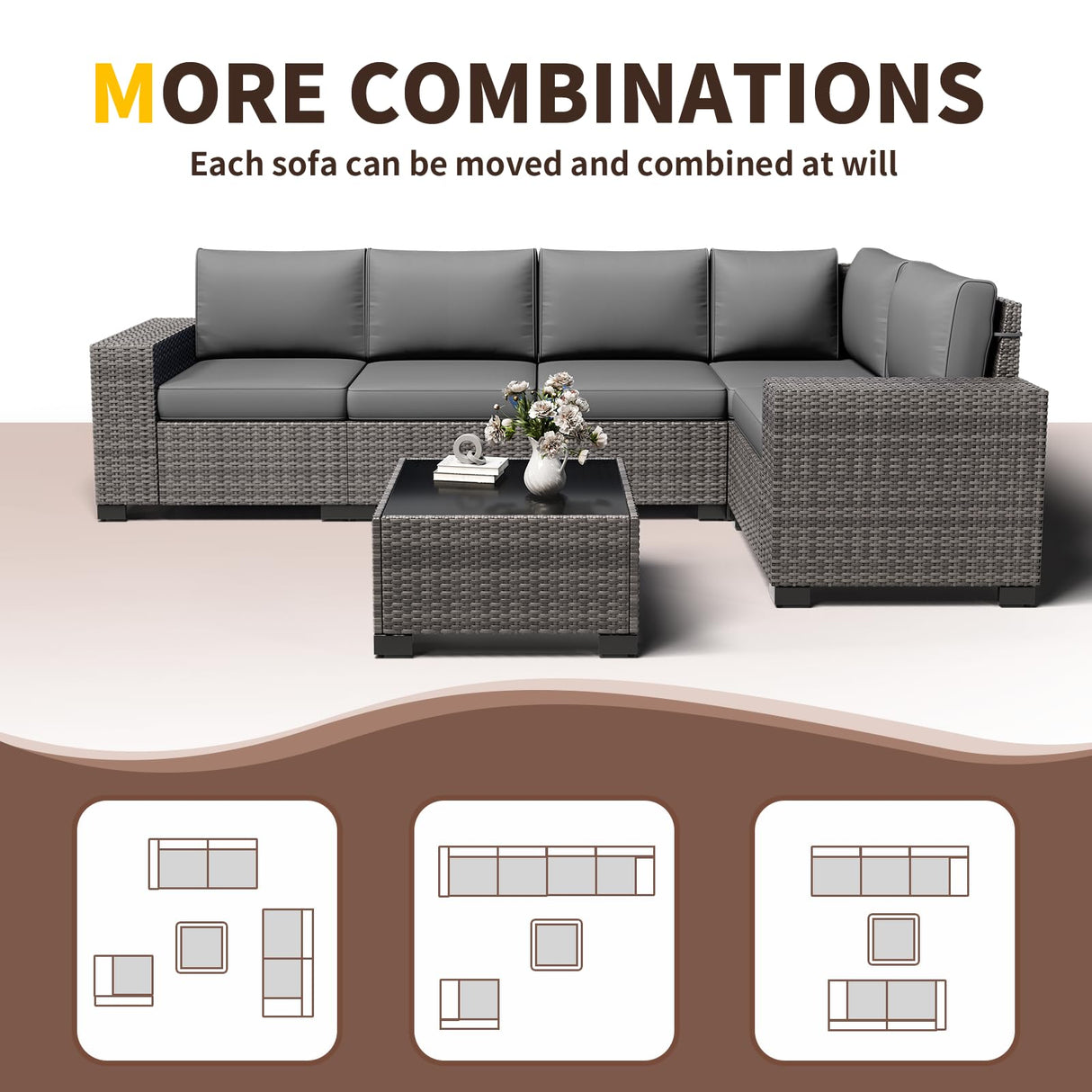 Poteban 6 Pieces Patio Furniture Set, Wide Arm Outdoor Patio Sectional Couch Set, All Weather Wicker Rattan Conversation Set w/Cushions and Glass Table and Waterproof Cover, Grey & Grey Poteban