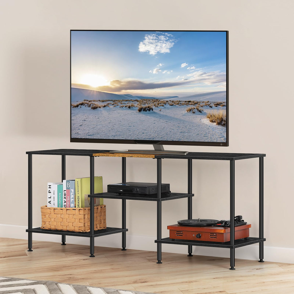 50 inch TV Stand 3 Tier Entertainment Center with Storage Shelves Small Tall Television Console Table with Metal Frame, Industrial TV Cabinet for Living Room Bedroom, Black BTY