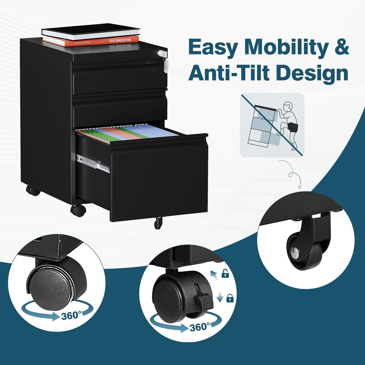 MIIIKO 3 Drawer File Cabinet on Wheels, Home Office Mobile File Cabinet Under Desk, Full Assembled Metal Filing Cabinets with Lock for Legal/Letter/A4 File Folders MIIIKO