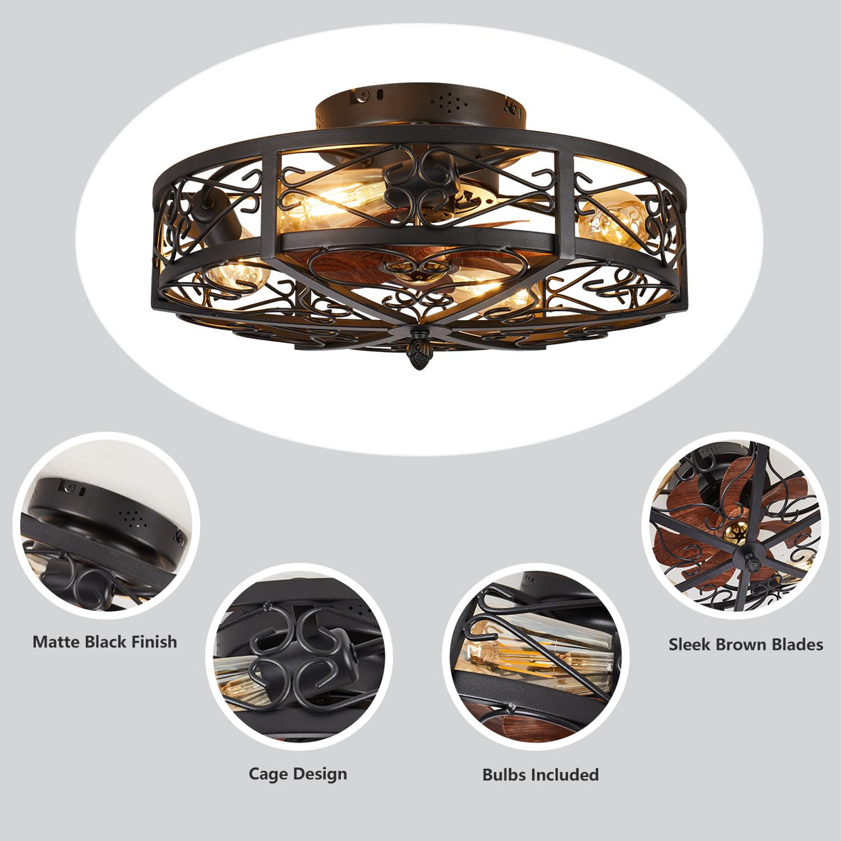 MeZeYo 20" Caged Farmhouse Flush Mount Ceiling Fan with Light and Remote Control Bladeless Low Profile Ceiling Fans with Lights Enclosed Vintage Fan 6 Speed Reversible for Kitchen, Bedroom MeZeYo
