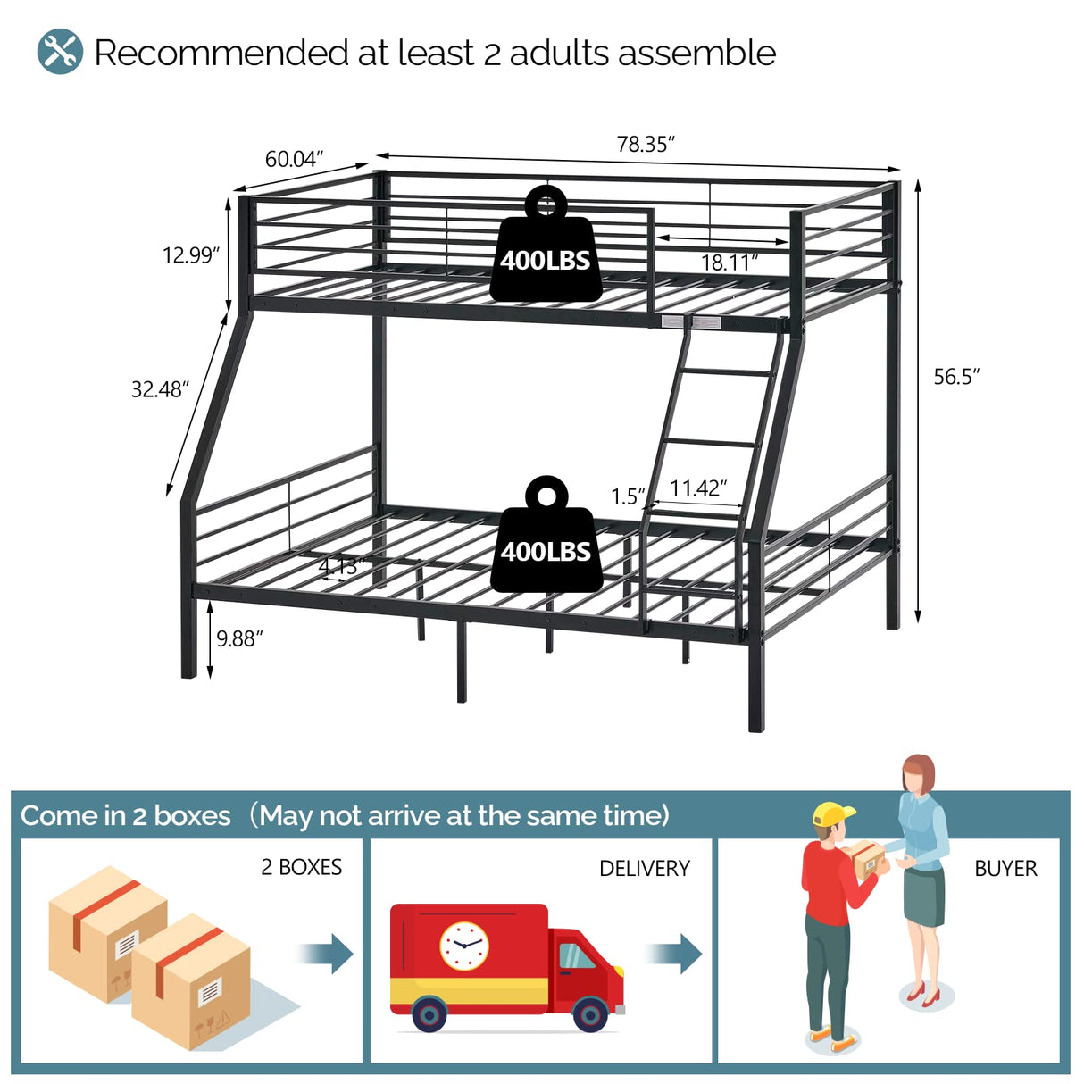 VINGLI Twin Over Full Bunk Bed for Kids/Adults with Stairs Flat Rungs, Heavy Duty Metal Slats, No Box Spring Needed, Black VINGLI