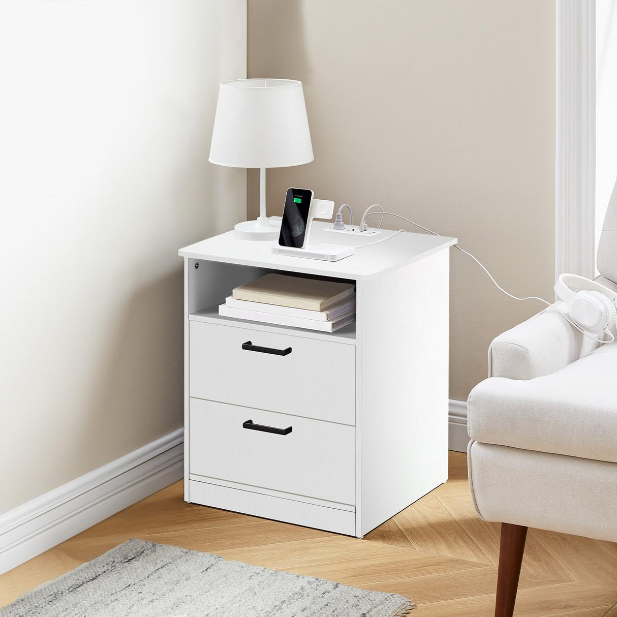 ODIKA Everyday Side Table with Fast Charging Station - USB C Cable Fast Charging, Wooden White Nightstand Bedside Table with 2 Drawers, End Table for Bedroom, Set of 1 ODIKA