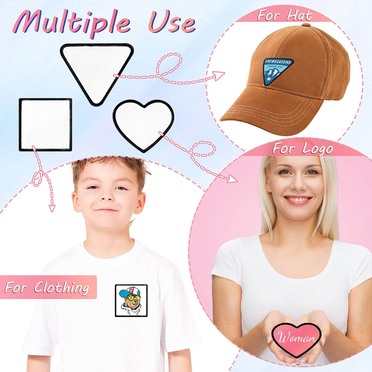 60 Pieces Blank Sublimation Patches 6 Shapes Iron-on Black Patches Fabric Repair Patches Decorative Patches for Hats Clothes Uniforms Jeans Backpacks Vest Waydress