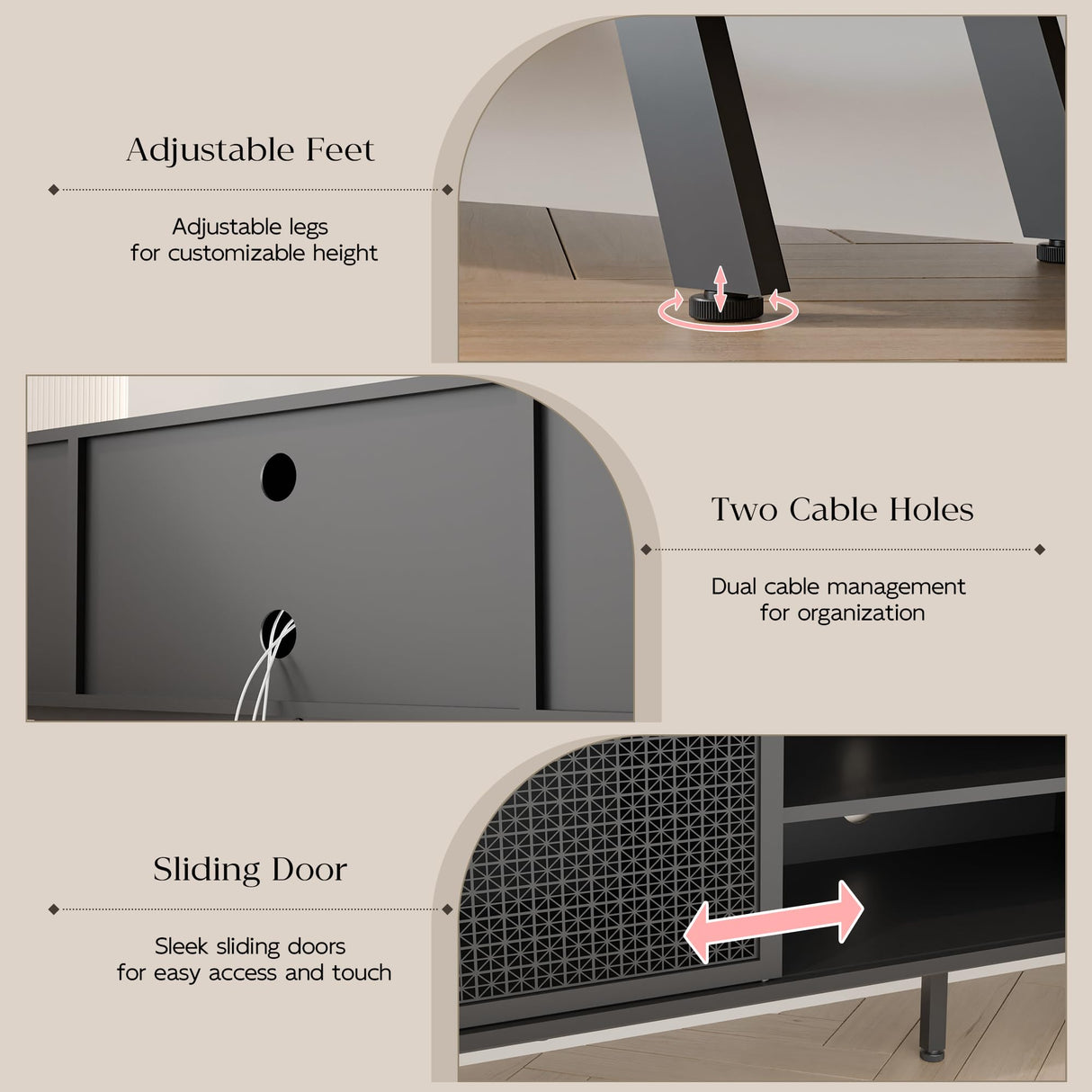 Buytime Black TV Stand for 65 70 Inch TV, Modern Iron Rattan TV Console with Sliding Door, Entertainment Center with Storage and Adjustable Shelves, Media Console for Living Room and Bedroom Buytime