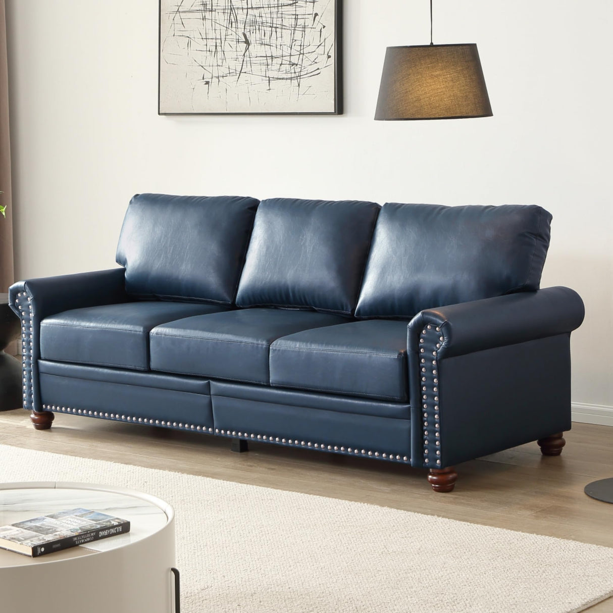 KEIKI 82.68" Chesterfield Sofa, Retro Style Upholstered Faux Leather PU Couch with Storage Space, Rolled Arm, Nailhead for Living Room Bedroom Office Apartment, Navy Blue KEIKI