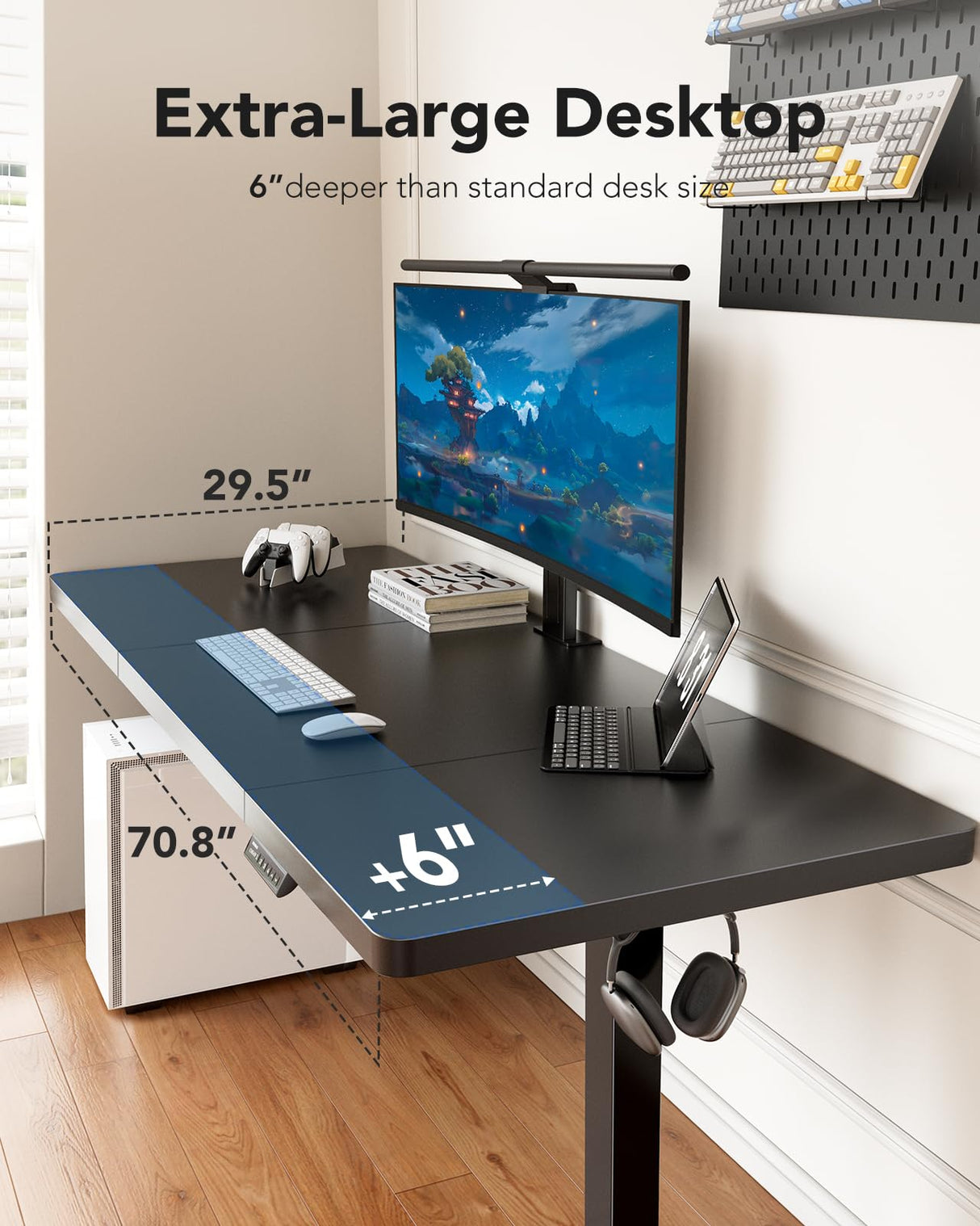HUANUO 71 x 30 inch Electric Standing Desk, Powerful Brushless Motor Large Height Adjustable Table, 4 Memory Preset Sit Stand Up Desk, Home Office Computer Table with Thick T-Shaped Frame HUANUO