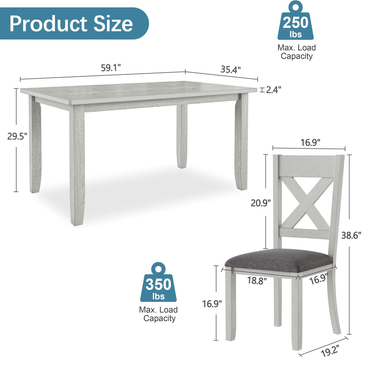 VECELO Peatuk 6-Piece Solid Wood Dining Table Set for 6, Modern Breakfast Dinette Kitchen Table with Chairs for Dining Room, Kitchen, Grey Peatuk