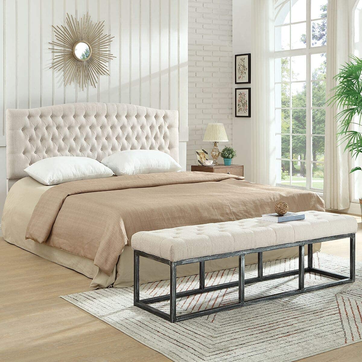 24KF Linen Upholstered Tufted Button King Headboard and Comfortable Fashional Padded King/California King Size headboard - Ivory 24KF