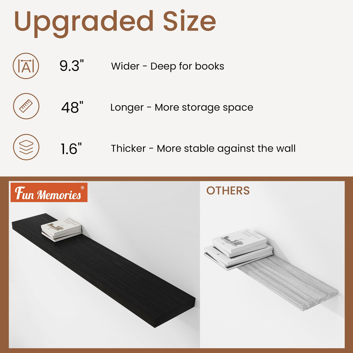 Fun Memories Floating Shelves 48 Inch Long, 9.3 Inch Deep Wall Shelf Fireplace Mantel, Rustic Farmhouse Solid Wood Shelves for Wall Decor Bathroom, Kitchen, Office, Black, Set of 1 Fun Memories