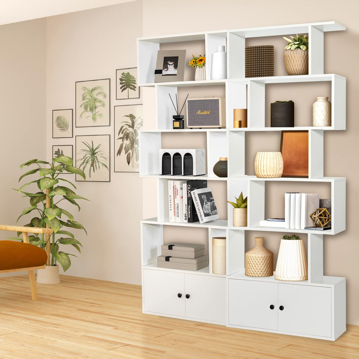 SILKYDRY 6-Tier Geometric Bookcase with Cabinet, 72 Inch Freestanding Room Divider Bookshelf, S-Shaped Open Display Book Shelf for Bedroom, Modern Bookcases with Doors and Shelves (2, White) SILKYDRY