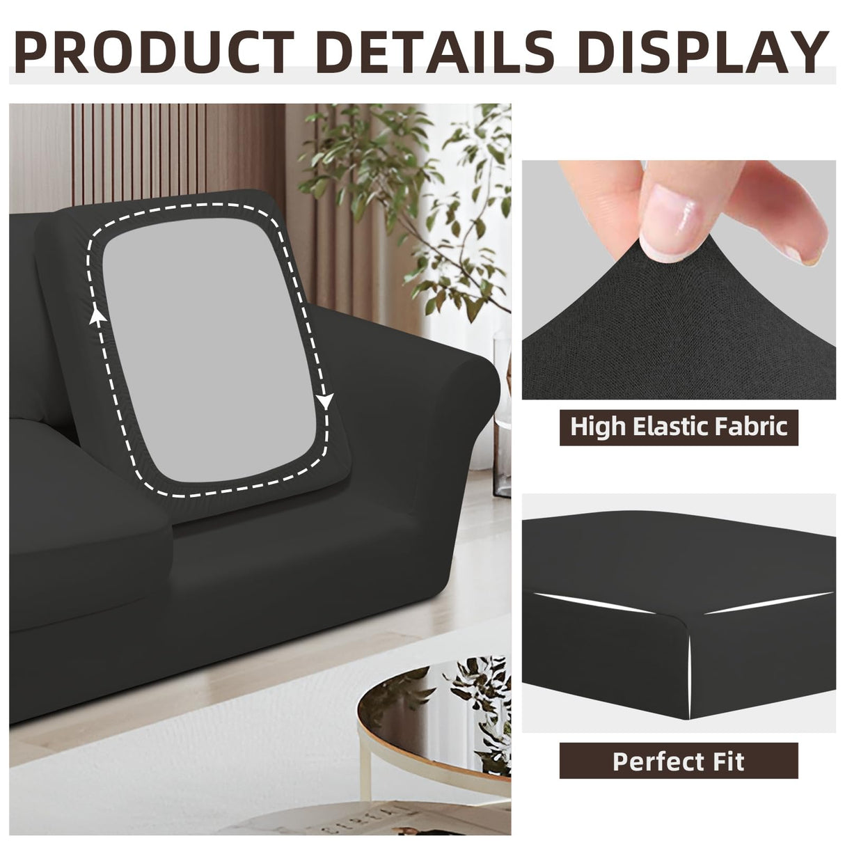 Easy-Going 7 Pieces Stretch Couch Cover Washable Sofa Cover Set for 3 Backrest and Seat Cushion Couch Anti-Slip Sofa Slipcover Furniture Protector with Elastic Bottom (Large, Dark Grey) Easy-Going