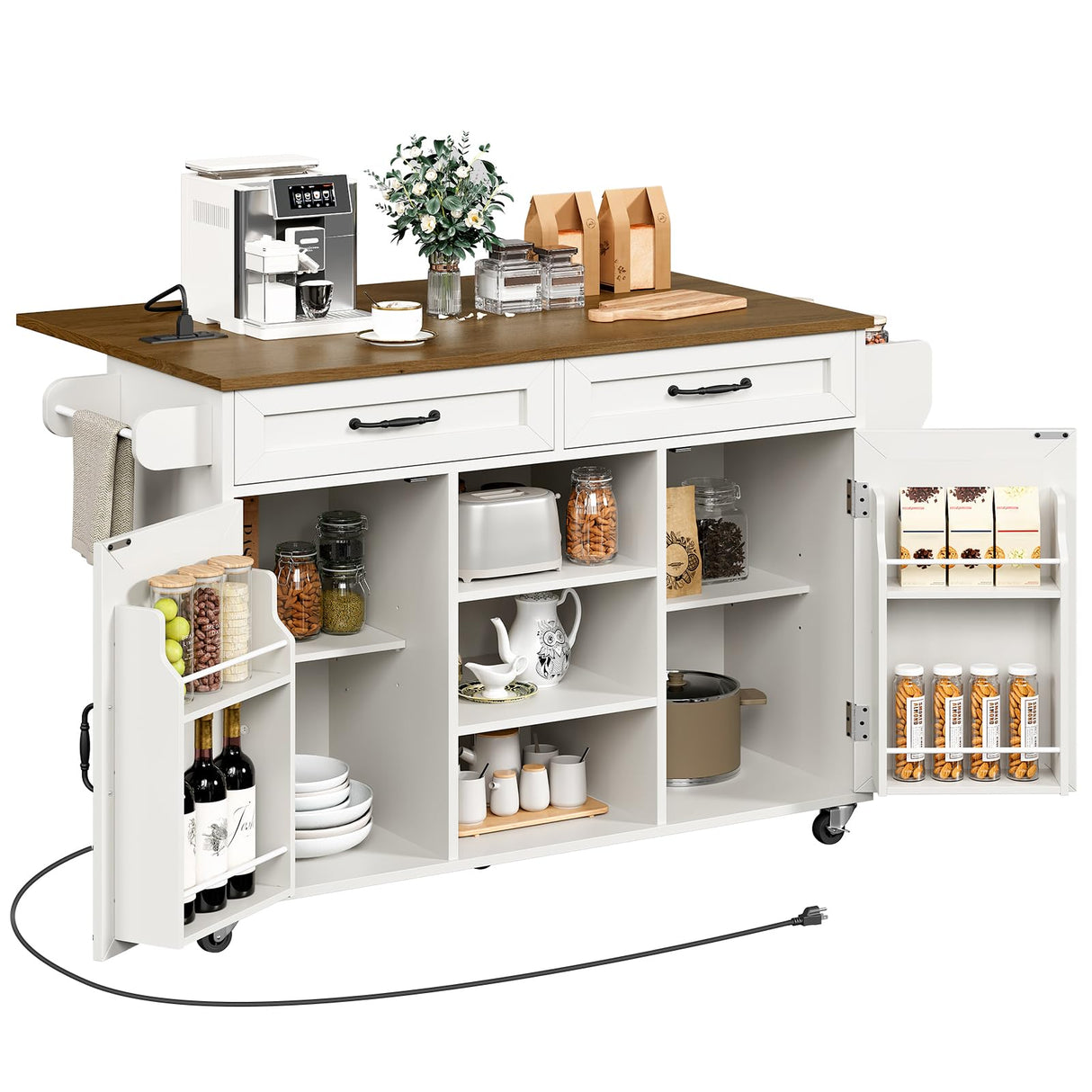 RALGEND Kitchen Island with Power Outlets & Drop Leaf, Kitchen Cart with Storage, Drawer and Spice Rack, Tower Rack, Island Table, White and Walnut RALGEND