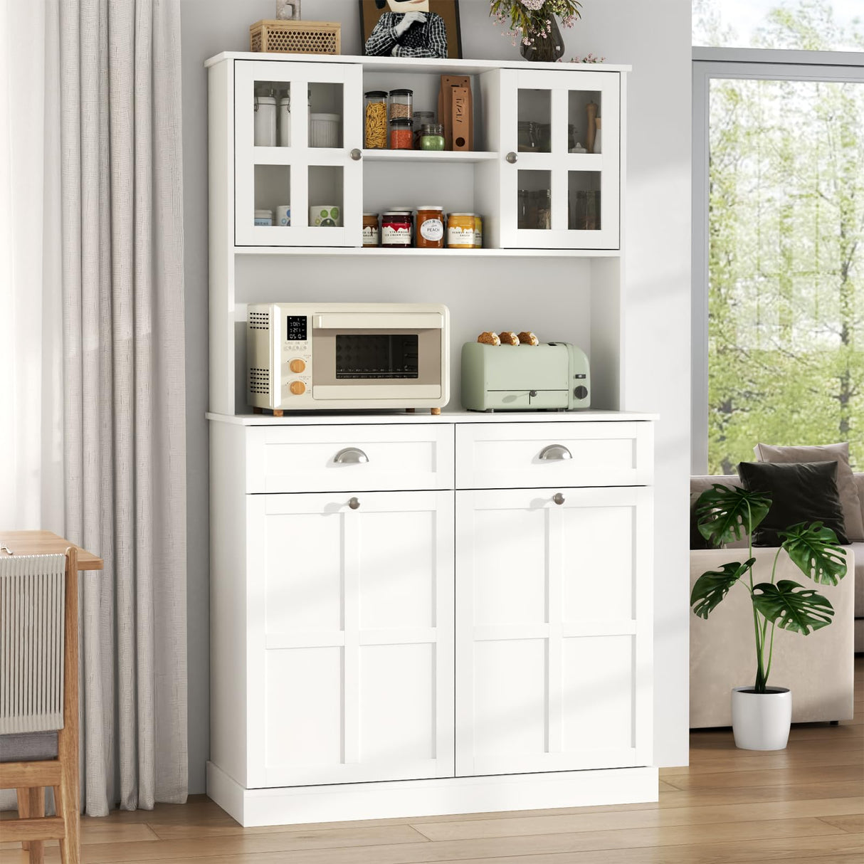 Kitchen Pantry Cabinet with Double Tilt Out Trash Cabinet, 68" Tall Kitchen Storage Cabinet with 2 Drawers & Hutch, 20 Gallon Hidden Trash Can Cabinet, Kitchen Cupboard with Microwave Coffee Stand Gyfimoie