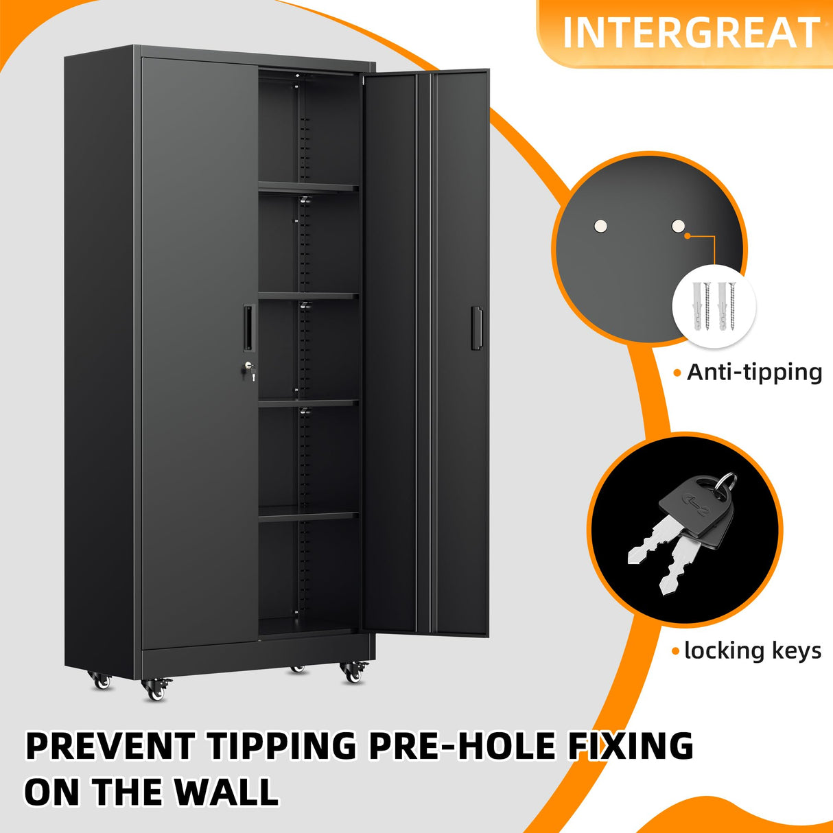 INTERGREAT Metal Storage Cabinets, 73" Tall Lockable Rolling Tool Cabinet with Pegboard and Shelves, Heavy-Duty File Cabinet with Wheels for Garage, Basement, Warehouse, Black INTERGREAT