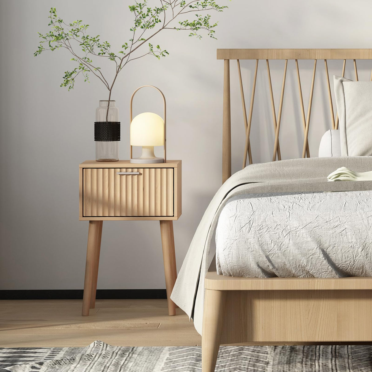 LAATOOREE Nightstands Set of 2, Small Side Table, Bedside Table with Fluted Door, Solid Wood Feet; Modern Mid-Century End Table for Bedroom, Small Space (Natural) LAATOOREE