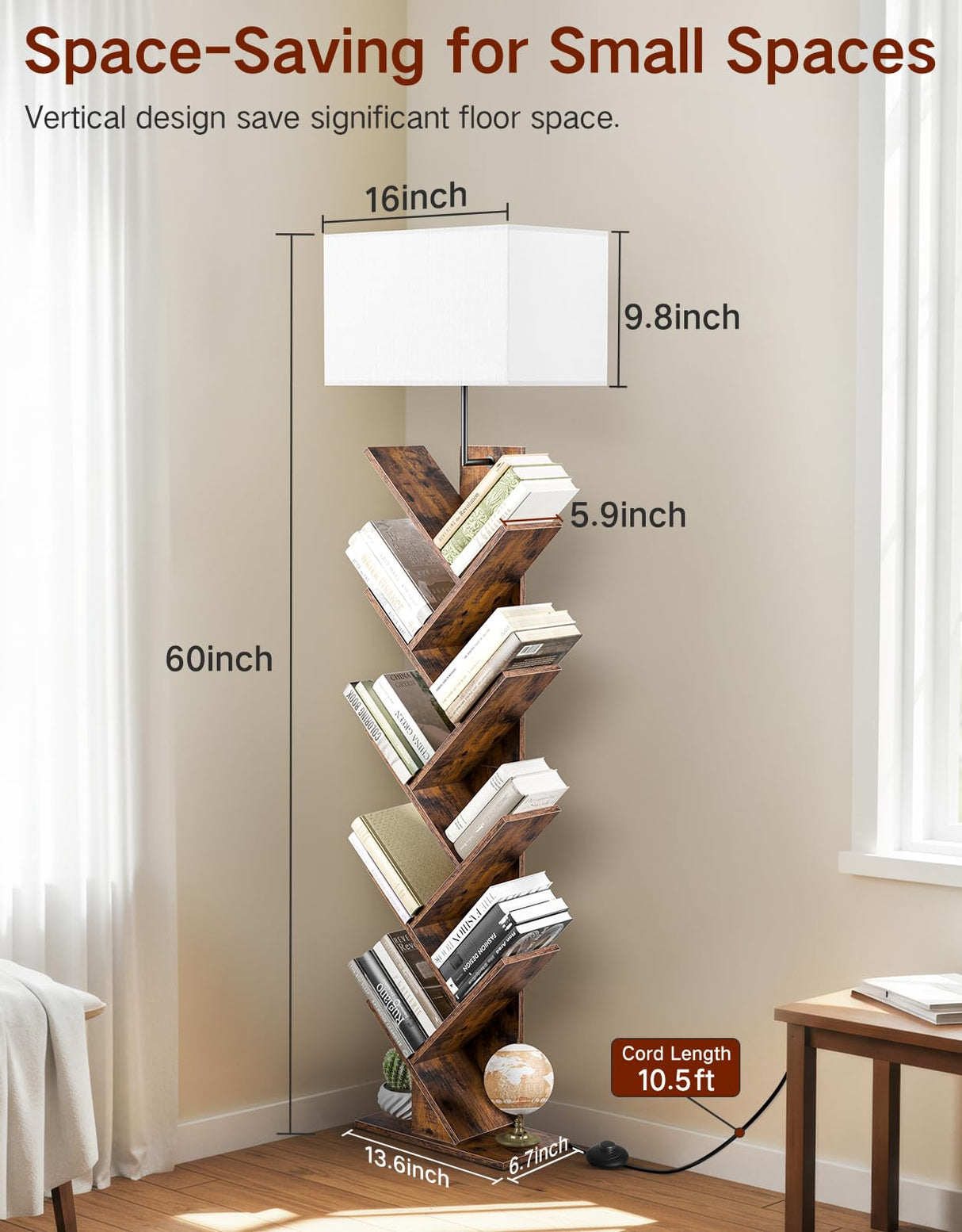 OUTONLIFE 9 Tier Tree Bookshelf with Light, Remote & Timer, Modern Tall Floor Standing Book Shelf, Narrow Wood Bookcase, Small Book Organizer Shelves for Living Room, Bedroom, Office (Rustic Brown) OUTONLIFE