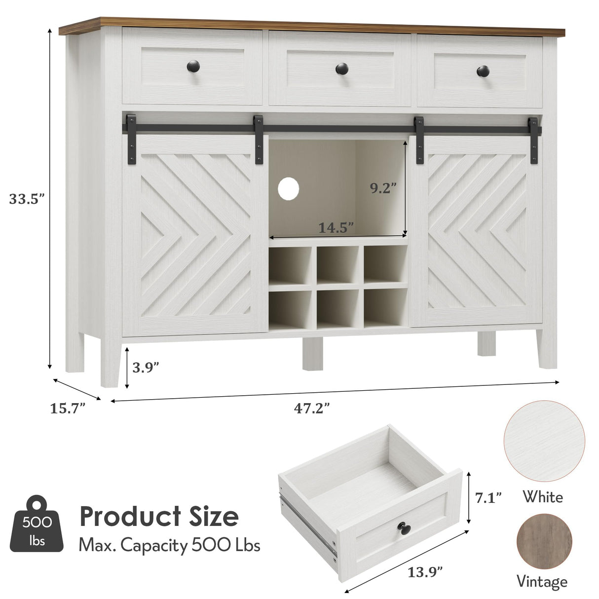 IDEALHOUSE 47.2'' Farmhouse Buffet Cabinet with Sliding Barn Door, 33.4'' Tall Wood Rustic Sideboard with 3 Drawer, Adjustable Shelf and Removable Wine Rack for Dining Room, Kitchen, White IDEALHOUSE