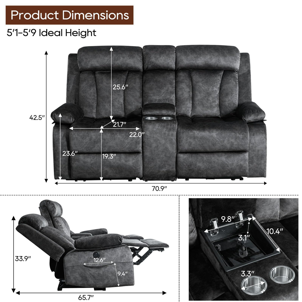GUEAPY Reclining Loveseat-Power Reclining Loveseat with Console,Love Seat Recliner Sofa,Dual Reclining loveseat with Heat and Massage,Cup Holders, USB & Type-C Charge Ports,Pocket, for Living Room GUEAPY