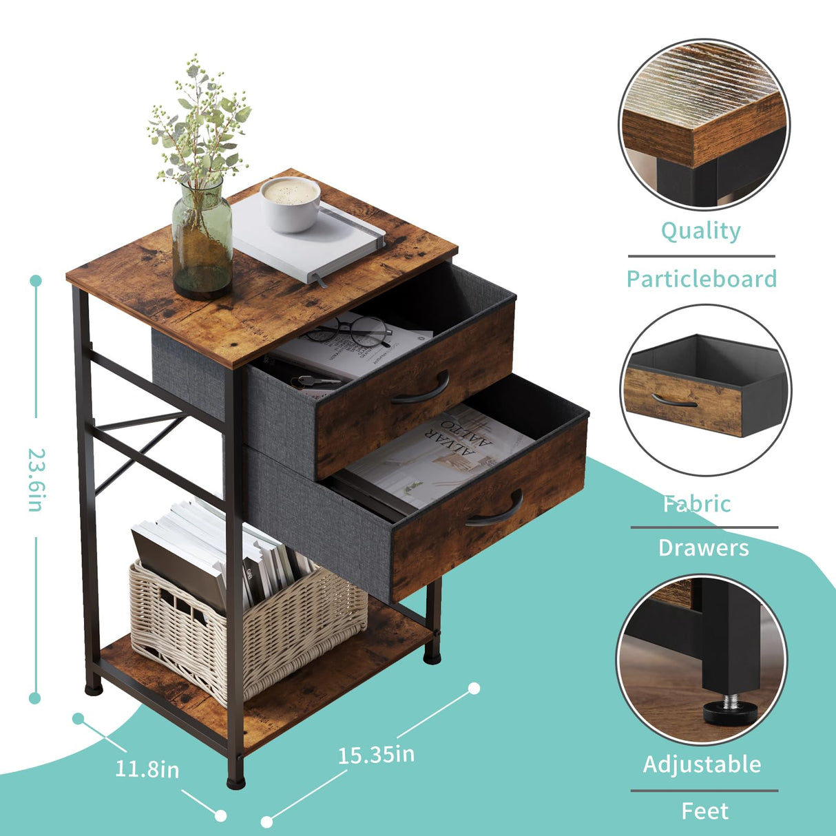 VonDream Nightstands Set of 2, End Table with Fabric Storage Drawer and Open Wood Shelf, Bedside Furniture with Steel Frame, Side Table for Bedroom, VonDream