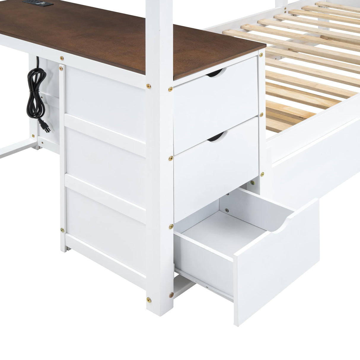 Linique Twin-Over-Twin Bunk Bed with Twin Size Trundle, Ladder & Full-Length Gurardrails, Writing Desk with USB Ports, 3-Hole Socket & 3 Drawers, White+Walnut Linique