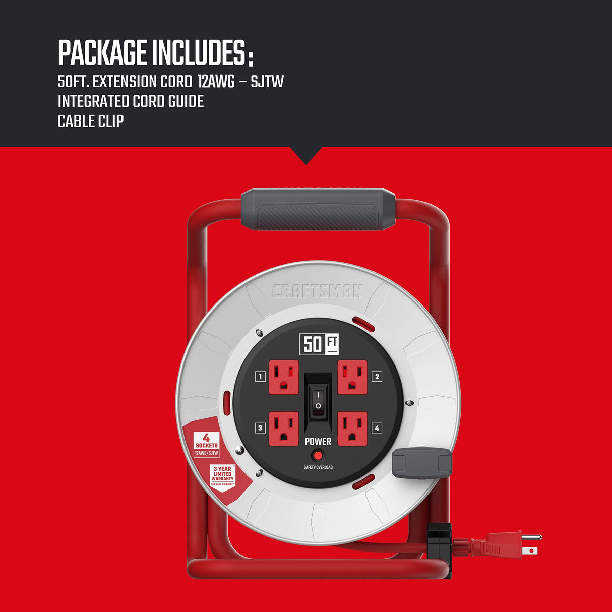 CRAFTSMAN 50 Ft. Contractor Edition Retractable Extension Cord Reel With 4 Outlets & Heavy Duty 12AWG SJTW Cable CRAFTSMAN