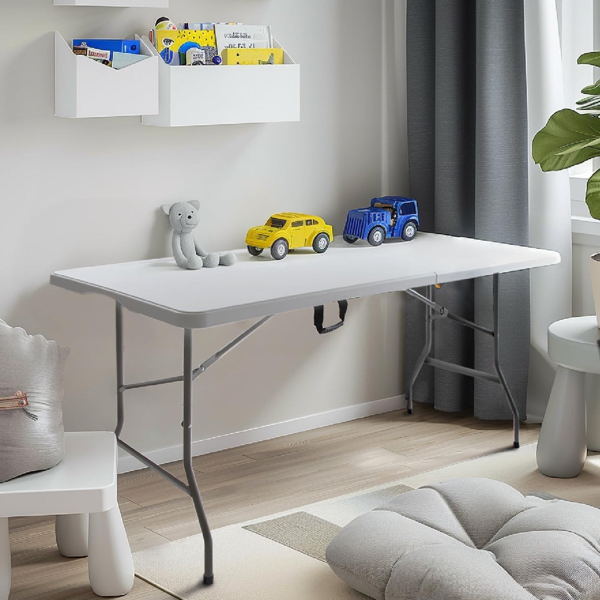 CARTMAN 6FT Folding Picnic Table Portable Fold-in-Half Plastic Dining Picnic Party Table with Tablecloth, White CARTMAN