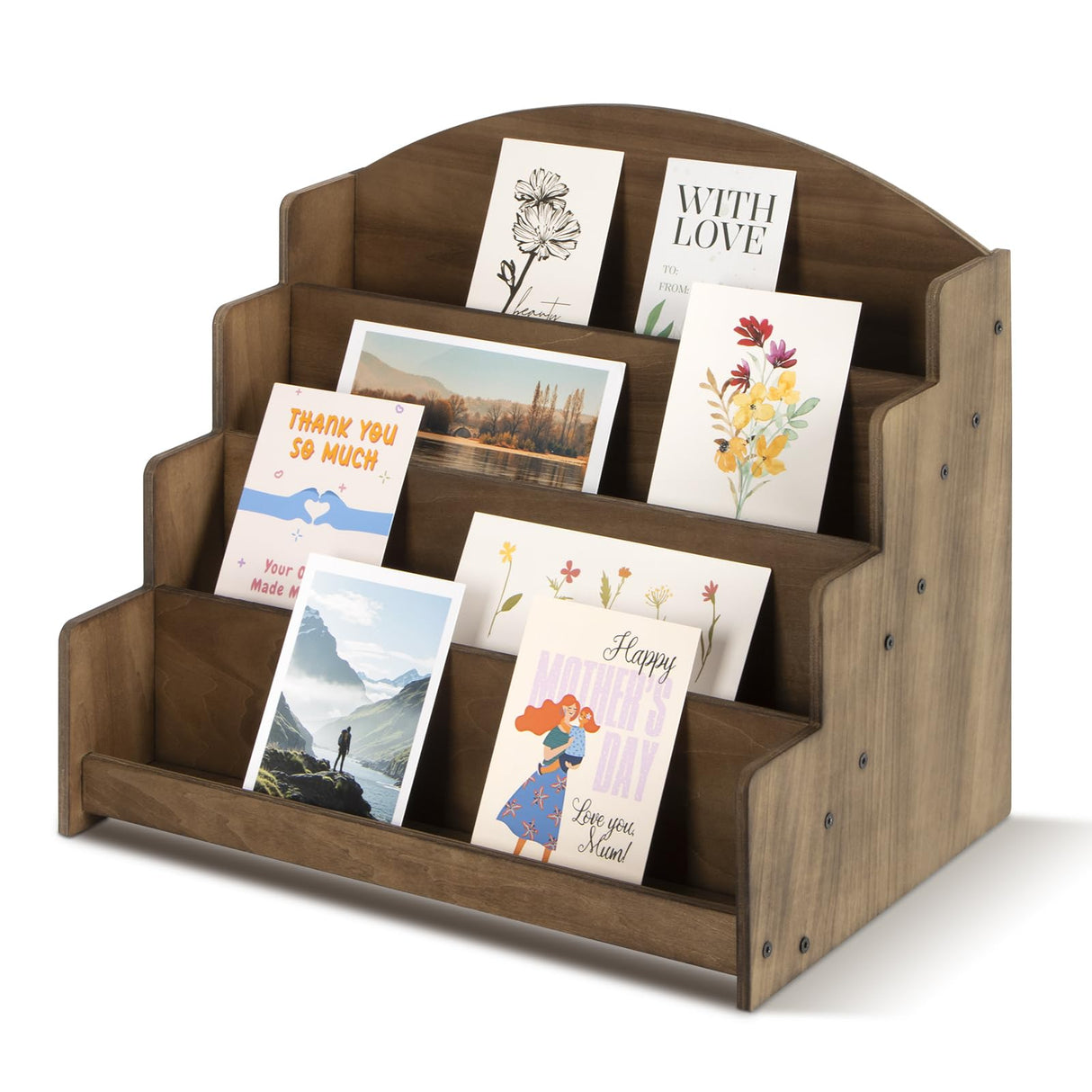 PUERSI Greeting Card Display Stand Holder - 4-Tier Wooden Organizer Rack for Retail Stores, Postcards, Stickers & Stationery Vendors Brown PUERSI