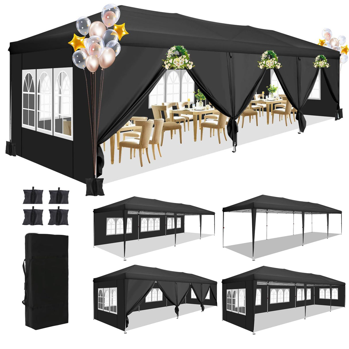 COBIZI 10x30 Pop Up Canopy Tent with 8 Sidewalls Tents for Parties Waterproof Camping Canopy Ez Up Party Tent Outdoor Portable Gazebo for Backyard Commercial Event Tent with sandbags, Black COBIZI
