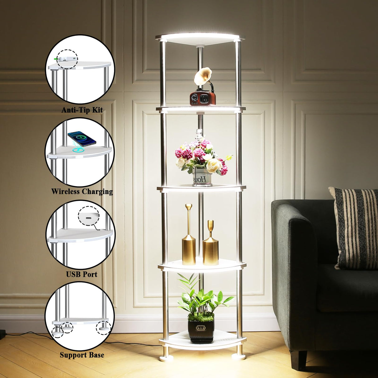 HOPEDAMAI Floor Lamp with Shelves Height Adjustable RGB Floor Lamp with Music Sync LED Corner Floor Lamp with Charging Stationl Dimmable and Timing Standing Lamp for Bedroom White 5-Tier HOPEDAMAI
