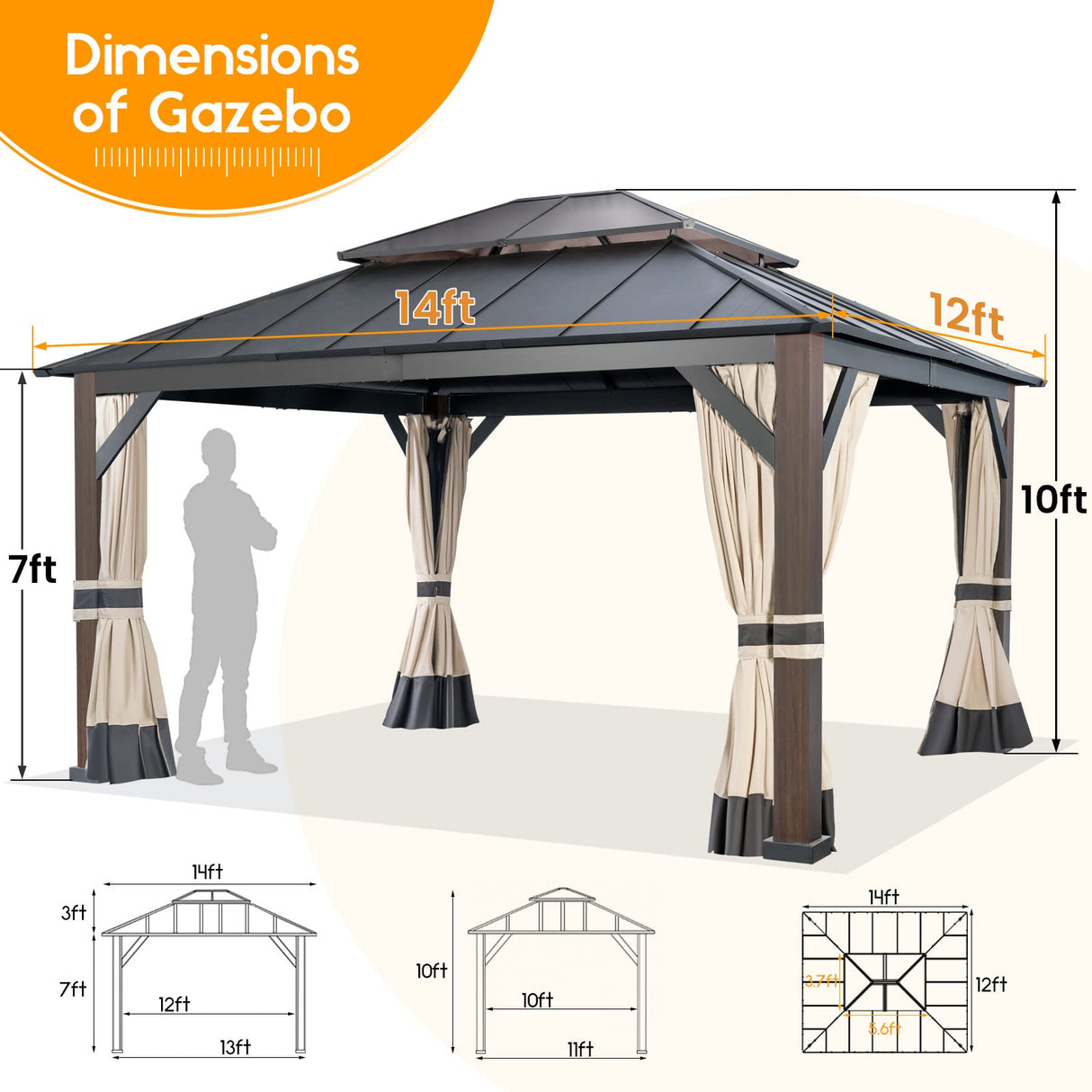 Warmally 12'×14' Hardtop Gazebo with Stable Support Posts, Outdoor Metal Gazebo with Nettings and Curtains Fast-Splicing Aluminum Structure for Patio Backyard Deck and Lawns Warmally