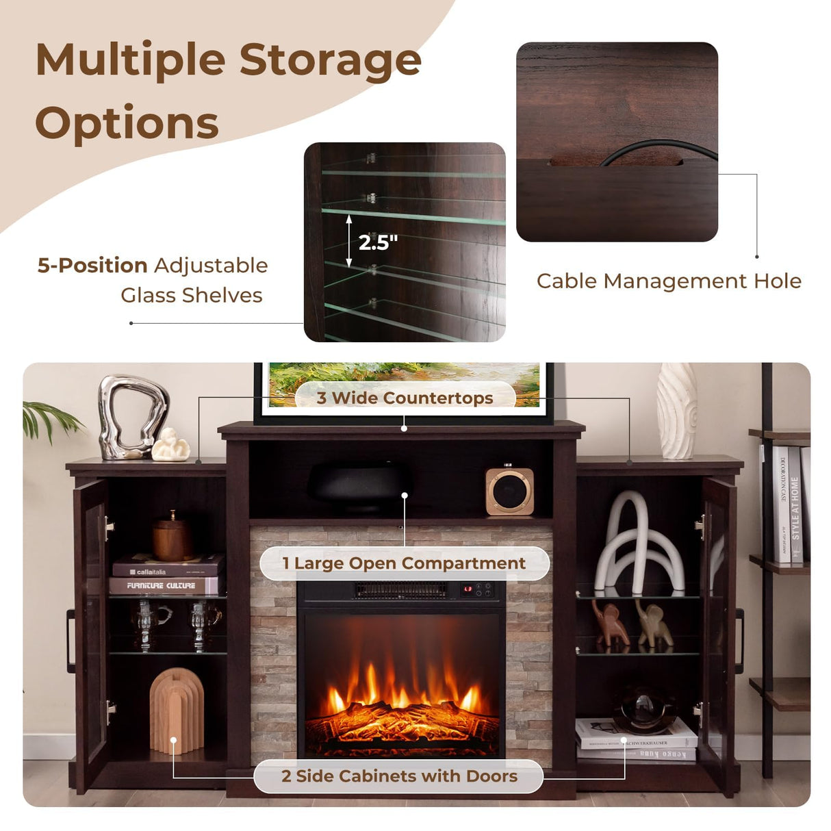 COSTWAY Electric Fireplace TV Stand for TVs Up to 65 Inches, 18-inch Fireplace Insert with APP & Remote Control, 16 Color Lights, Wooden Entertainment Center with Adjustable Shelves (Dark Brown) COSTWAY