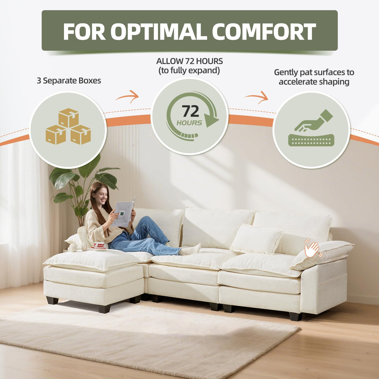 Mvpipi 108" Modular Sectional Sofa, Comfy Cloud Couch with Ottoman & USB Port for Living Room, L Shaped Modern Chenille Couches with Throw Pillows for Bedroom, Apartment, White Mvpipi