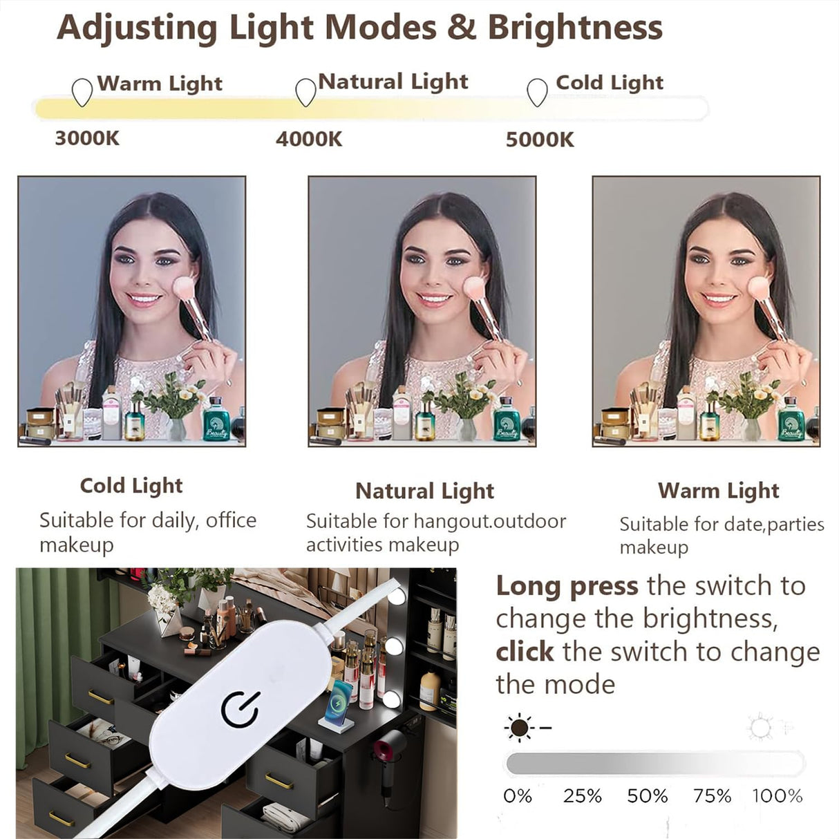 FURNJOYLIFE Black Makeup Vanity Desk with Lighted Mirror & Power Outlet,3 Color Modes, Brightness Adjustable,Vanity Table with Drawer,Sliding 2 Storage Wall-Mounted Jewelry,4 Shelves for Bedroom FURNJOYLIFE