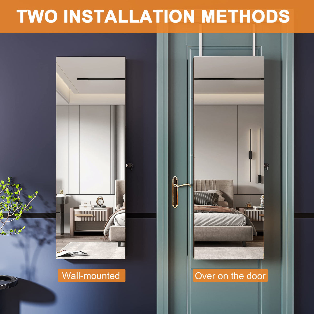 FREDEES LED Jewelry Wardrobe with 42.52" Tall Door Mirror, Full Length Mirror Jewelry Cabinet, Lockable Jewelry Organizer, Wall/Door Jewelry Box and Organizer / 2 Small Storage Boxes (Brown) FREDEES