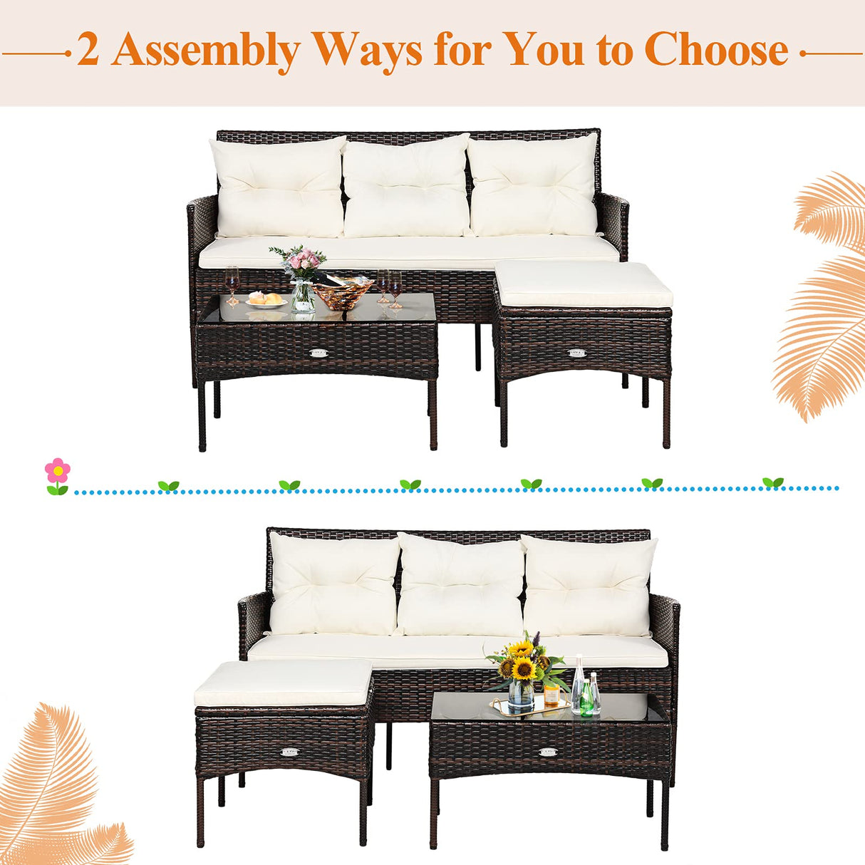 Tangkula 3 Pieces Patio Conversation Set, Outdoor PE Rattan Wicker Furniture Set W/Cozy Cushions, All Weather Sectional Sofa Set W/Tempered Glass Coffee Table for Poolside, Backyard, Garden Tangkula