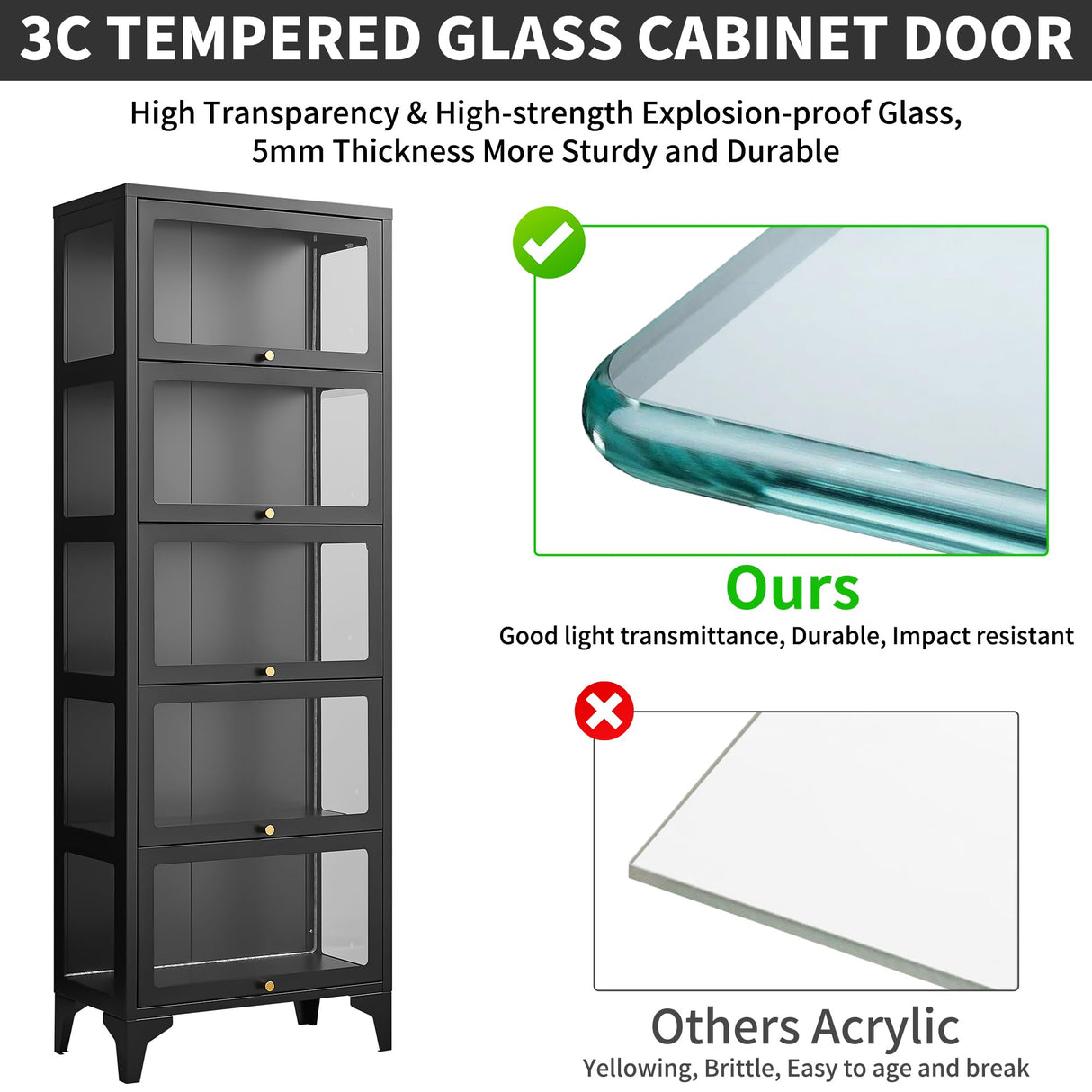 Lucky Monet 5 Tier Curio Display Cabinet with 13-Color LED Lights & Flip-Up Glass Doors, 3-Side Glass Lighted Display Case for Collectibles, Figures, Books, 67" Metal Storage Cabinet, Black Lucky Monet