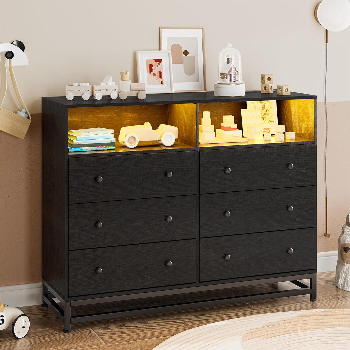 Jojoka Wide Dresser for Bedroom with Charging Station, 6 Drawer Dresser with LED Lights, Modern Large Capacity Storage Cabinet, Wood Dressers & Chests of Drawers Closet,Black Jojoka