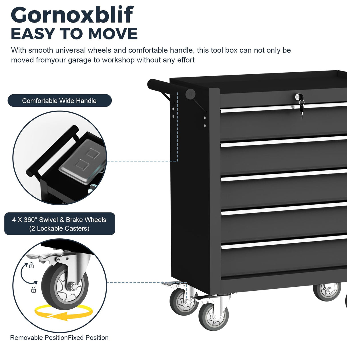 Gornoxblif 5-Drawers Black Metal Rolling Tool Chest with Wheels,Tool Storage Cabinet with Locking System,Toolbox with Wheels for Garage, Warehouse, Workshop, Repair Shop Gornoxblif