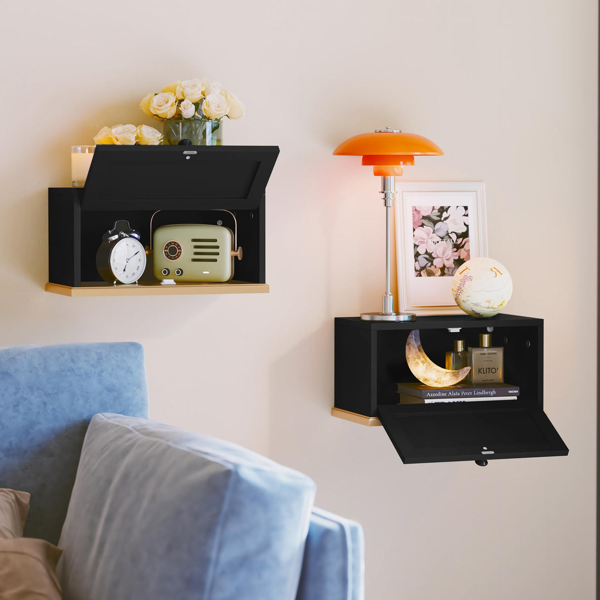 HLR Floating Nightstand, Small Nightstand with Flap Door, Morden Wall Mounted Nightstand for Bedrooms, Black HLR