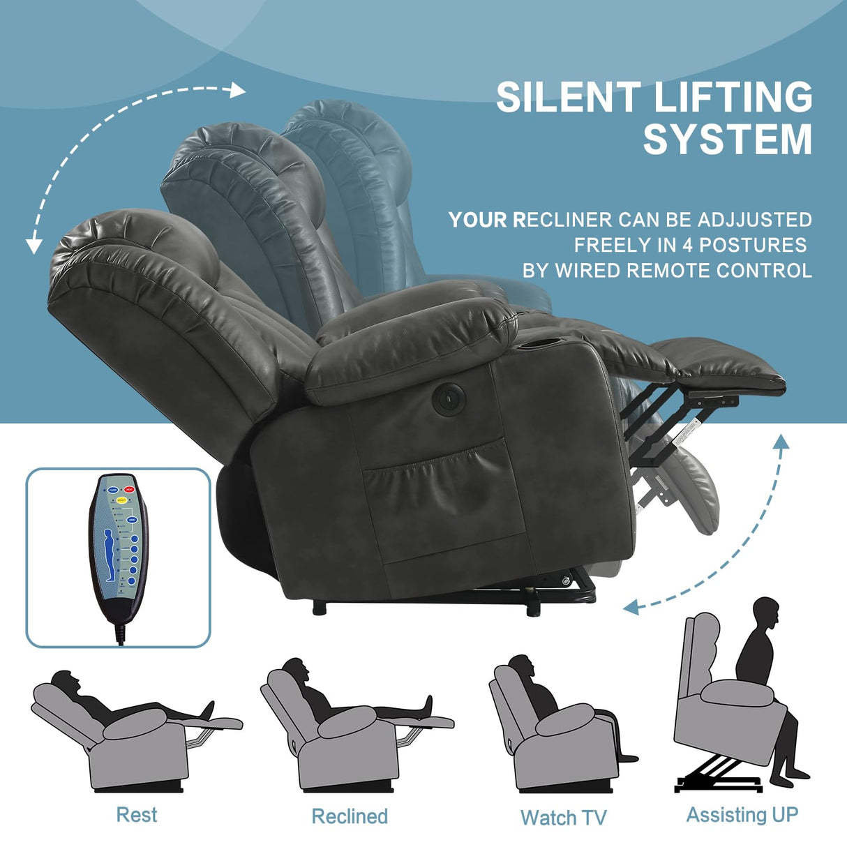 PARKOL Power Lift Recliner Chair for Elderly Breathable Leather Recliner Chair with Massage and Heat,2 Cup Holders,Electric Stand Assist,USB Ports,Gifts for Family (Grey) PARKOL