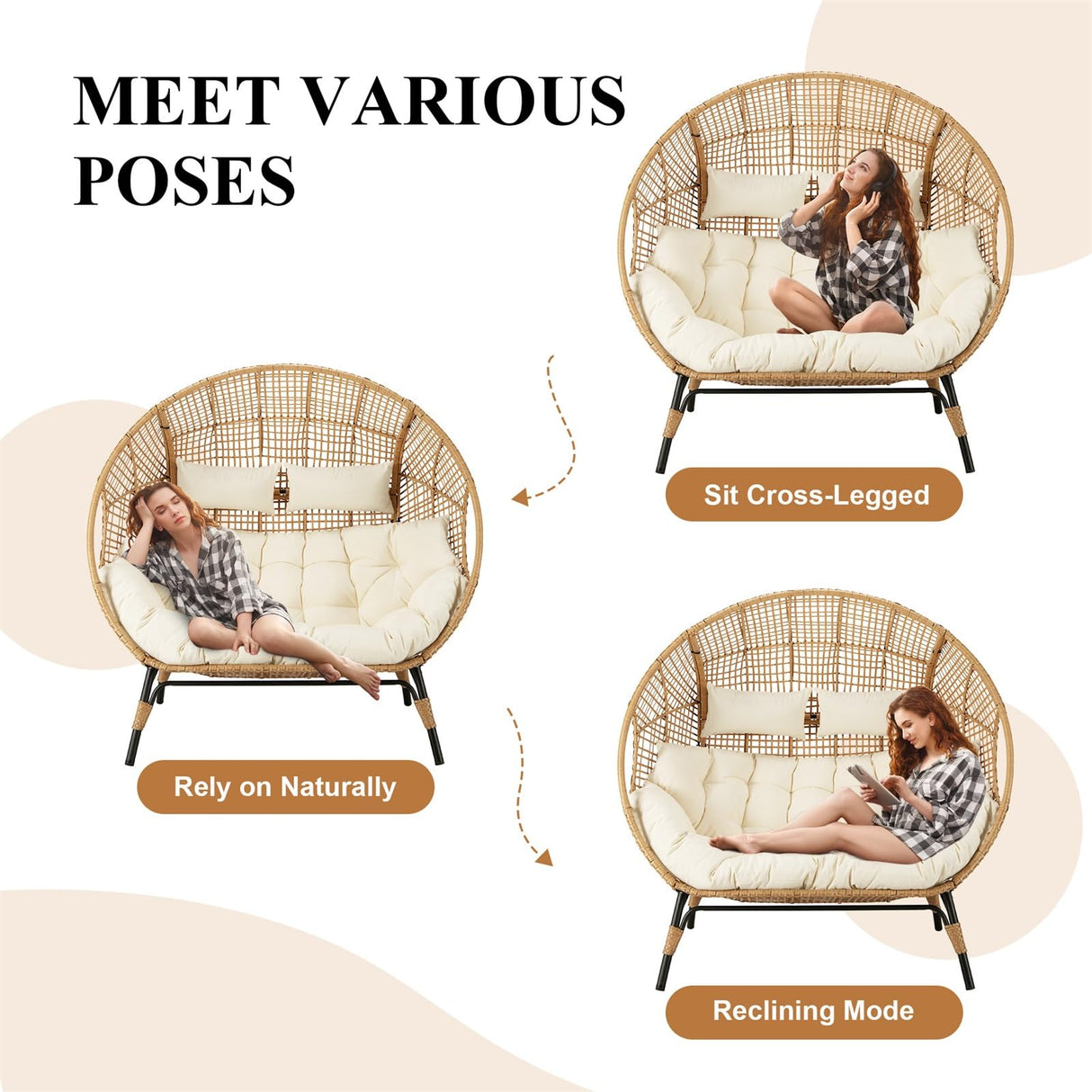 FINCATI Indoor Outdoor Double Egg Chair, 2 Person Oversized Wicker Rattan Stationary Lounge Chair with Legs, 680 lbs Loveseat Boho Egg Basket Chairs for Patio Garden Backyard Living Room Beige FINCATI