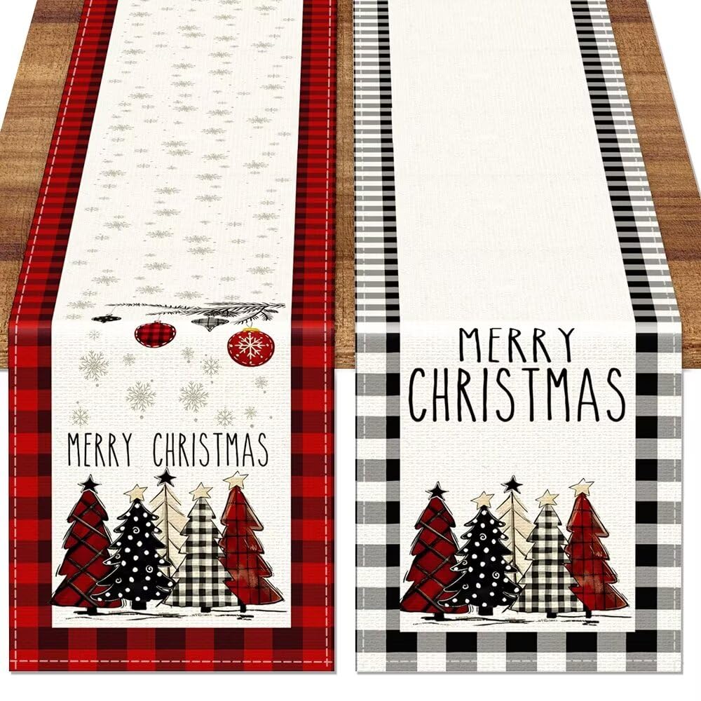 TOYPOPOR Set of 2 Christmas Table Runner, TOYPOPOR 2Pcs Buffalo Linen Christmas Trees Dining Table Runner for Xmas Holiday Seasonal Winter Decoration Indoor Outdoor Party Wedding - 72Inches TOYPOPOR