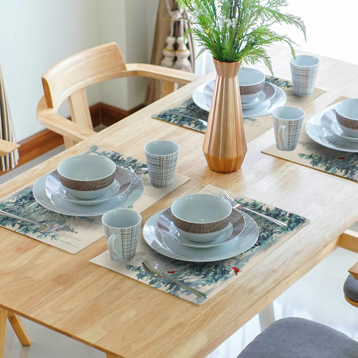 Winter Forest Tree Placemats Set of 4,Pine Tree Christmas Red Bird Heat Resistant Non Slip Place Mats Cotton Linen Tablemats for Dining Table Kitchen Decor 18 x 12 Inch Imiss