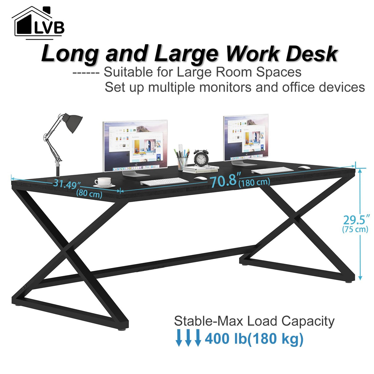 LVB Large Black Desk, 70.8” Long Computer Desk for Home Office, Modern Wide Executive Work Desk for Writing Study, Simple Wood Metal Computer Table Gaming Desk Workstation in Bedroom, Black Oak, 70 in LVB
