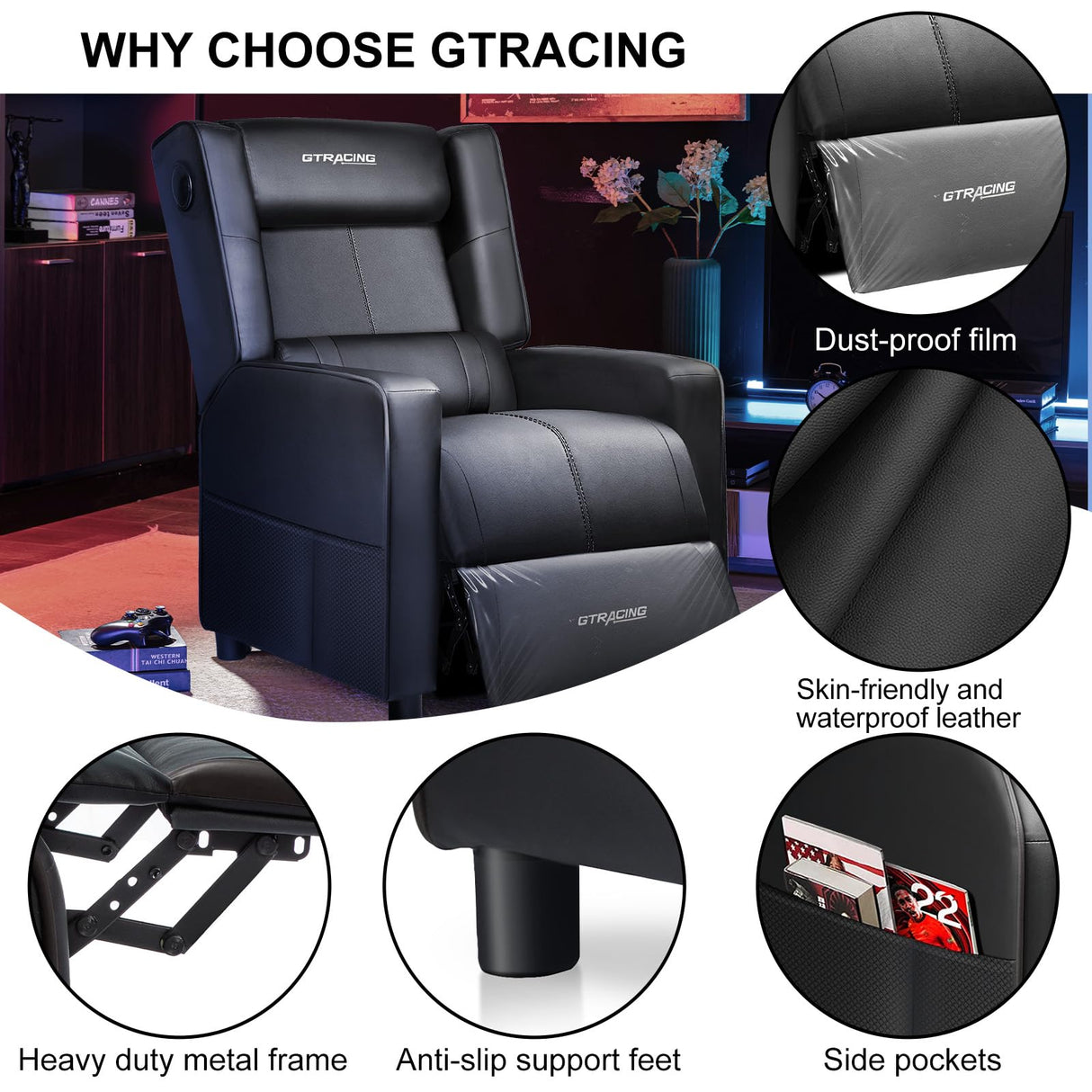 GTRACING Gaming Recliner Chair with Bluetooth Speakers Racing Style Single Gaming Sofa Modern Living Room Recliners Ergonomic Comfortable Massage Home Theater Seating, Black GTRACING