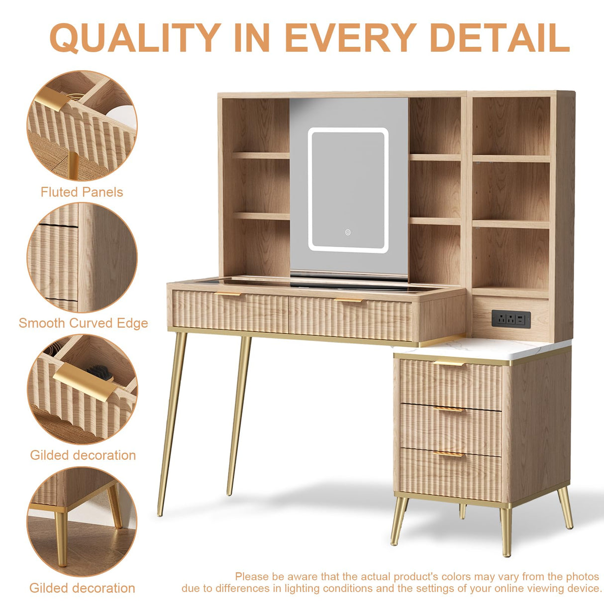 48" Fluted Makeup Vanity Desk with Sliding Mirror and Lights, Wooden Dressing Table with 5 Drawers and Adjustable Shelves,Makeup Vanity Table Modern Glass Top with Charging Station for Bedroom (Oak) TTSITG