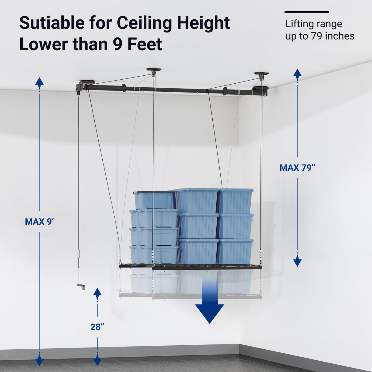FLEXIMOUNTS Garage Ceiling Lifting Storage Rack, 4x4 Ft Heavy-Duty Metal Frame, Overhead Storage System With 300lbs Load Capacity, Matt Black FLEXIMOUNTS