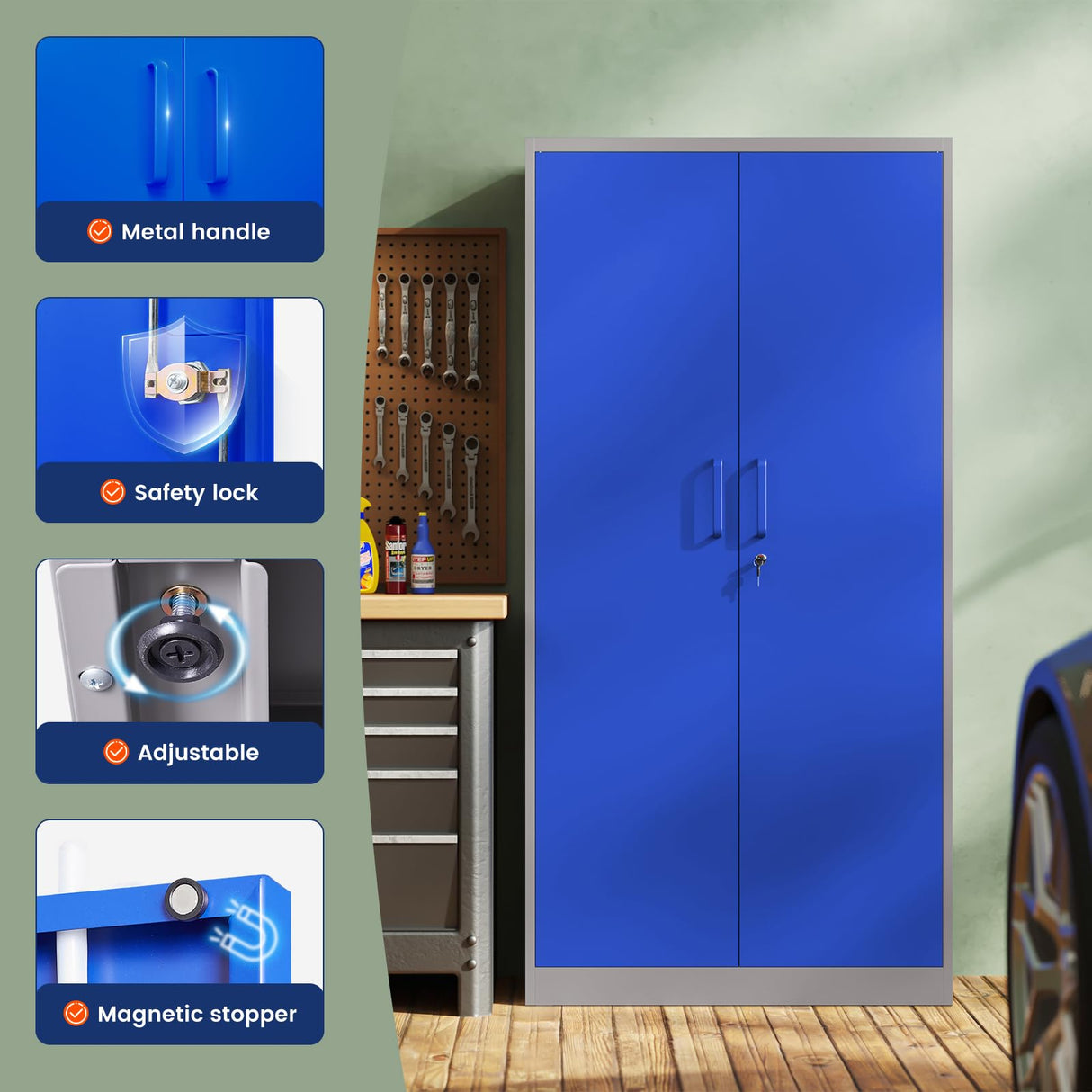 Yizosh Metal Garage Storage Cabinet with 2 Doors and 5 Adjustable Shelves - 71" Steel Lockable File Cabinet,Locking Tool Cabinets for Office,Home,Garage,Gym,School (Gray Blue) Yizosh