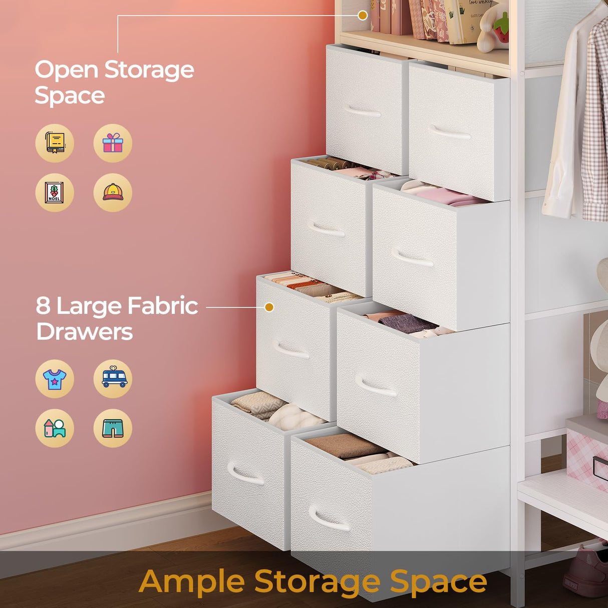 ADORNEVE Bunk Bed Twin Over Twin Size with 8 Storage Drawers, Twin Bunk Beds with Led Lights & Storage Shelves, Metal Loft Bed with 13.4" H Safety Guardrail & Ladder, for Kids & Teens, White ADORNEVE